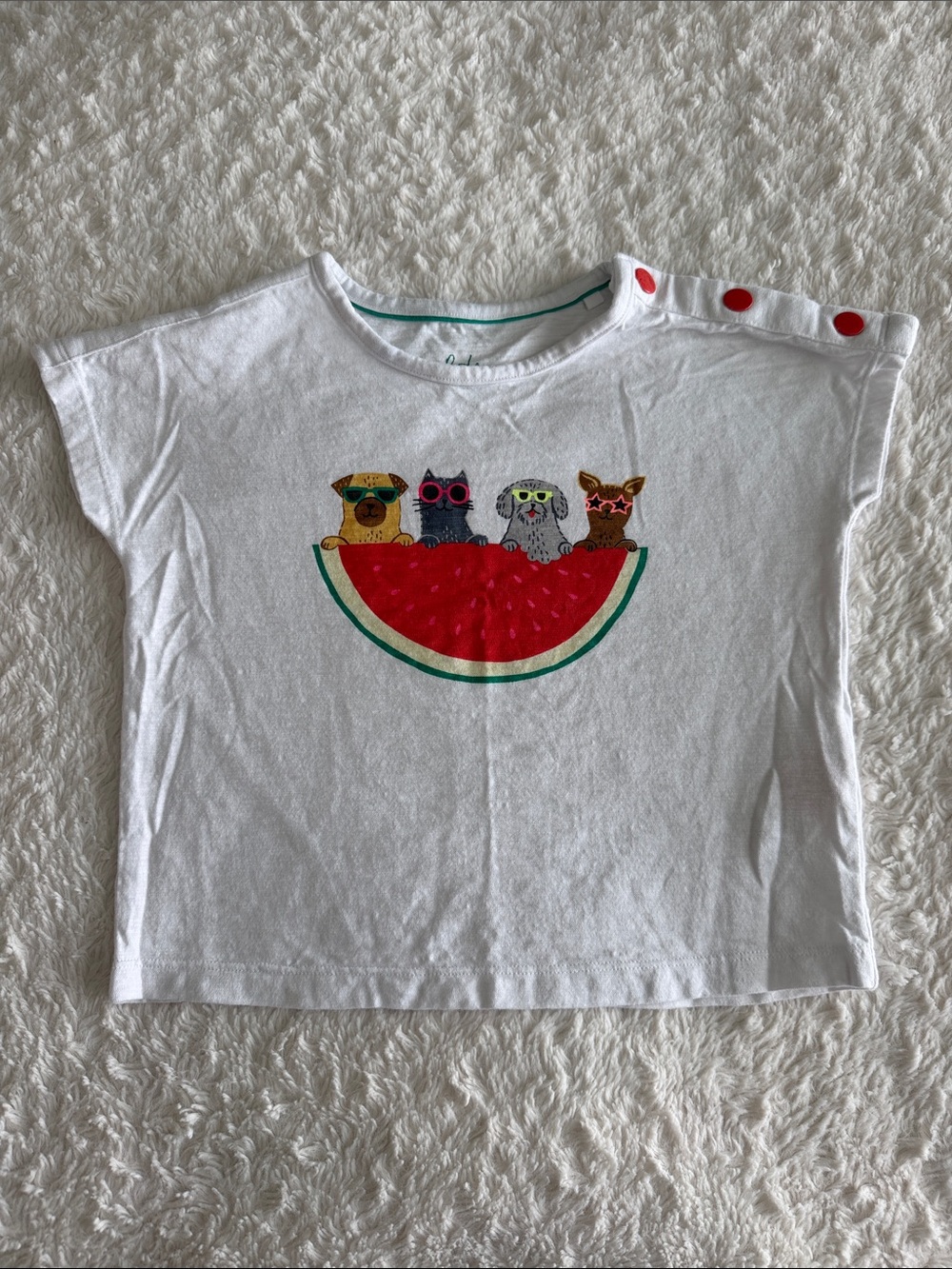 Mini Boden girls size 6-7 white shirt dogs cat in sunglasses on watermelon